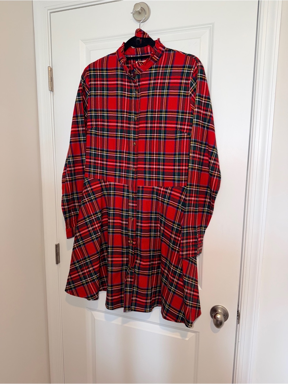 Kiel James Patrick Cozy Cabin Flannel Red Plaid Shirt Mini Dress with Waist Tie - Picture 3 of 6
